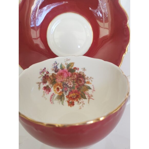 Vintage Coalport Bone China Teacup and Saucer Burgundy Fall Florals 1960's - Picture 2 of 9